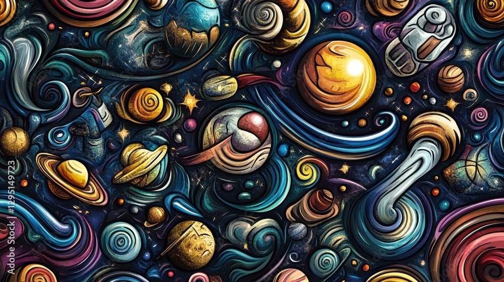 Wall mural colorful abstract cosmic scene with planets and swirling patterns