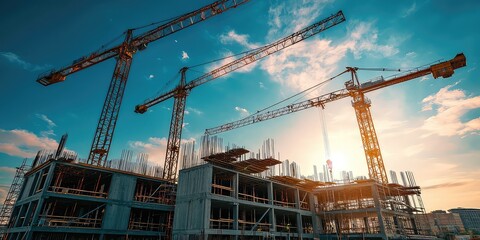 A new shopping mall being built with large cranes lifting structural beams into place.