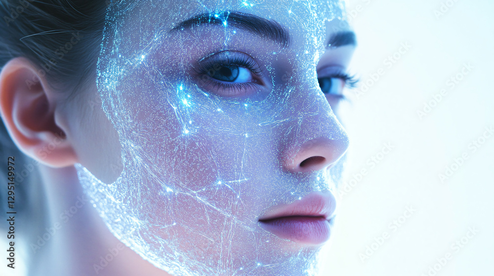 Poster a woman's face illuminated by a glowing constellation of stars creating a beautiful cosmic scene ful