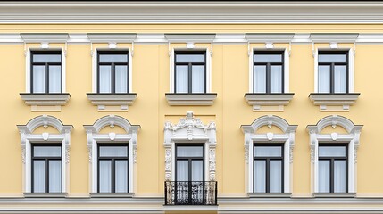 Fototapeta premium Elegant Pale Yellow Building Facade with Ornate Windows AI Generated