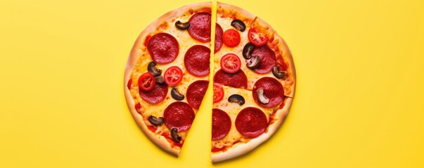 Pepperoni pizza with one slice removed on bright yellow background. Italian cuisine. Fast food concept. Top view of circular pizza with copy space for menu or delivery ad