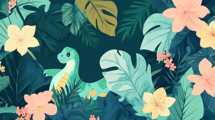 Cute Cartoon Dinosaur Surrounded by Tropical Plants and Flowers