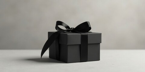A sophisticated dark grey present box adorned with a sleek black ribbon, subtly positioned on a minimalist light grey surface, exudes elegance and mystery.