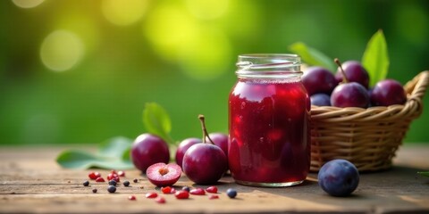 Homemade plum preserve in a glass jar on a rustic wooden surface with fresh plums