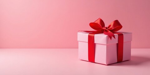 A Pink Gift Box with a Red Ribbon Bow on a Pink Background A Symbol of Celebration and Thoughtfulness