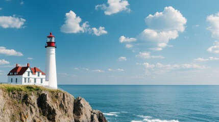 Coastal lighthouse on cliff overlooking ocean