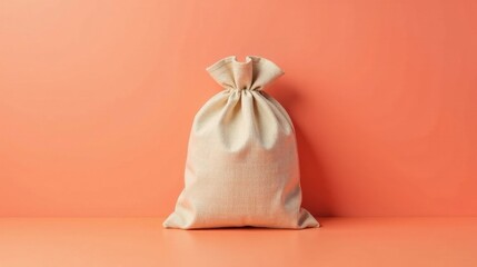 A Simple Beige Burlap Sack on a Coral Background, Ideal for Product Displays and Minimalist Designs