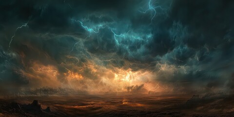 Dramatic stormy landscape; apocalyptic sky; dark clouds; fiery sunset; game background