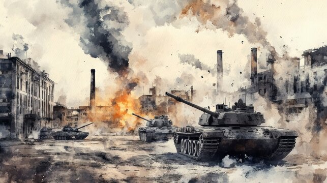 Military tank factory exterior urban war zone watercolor artwork industrial environment dramatic viewpoint conflict concept