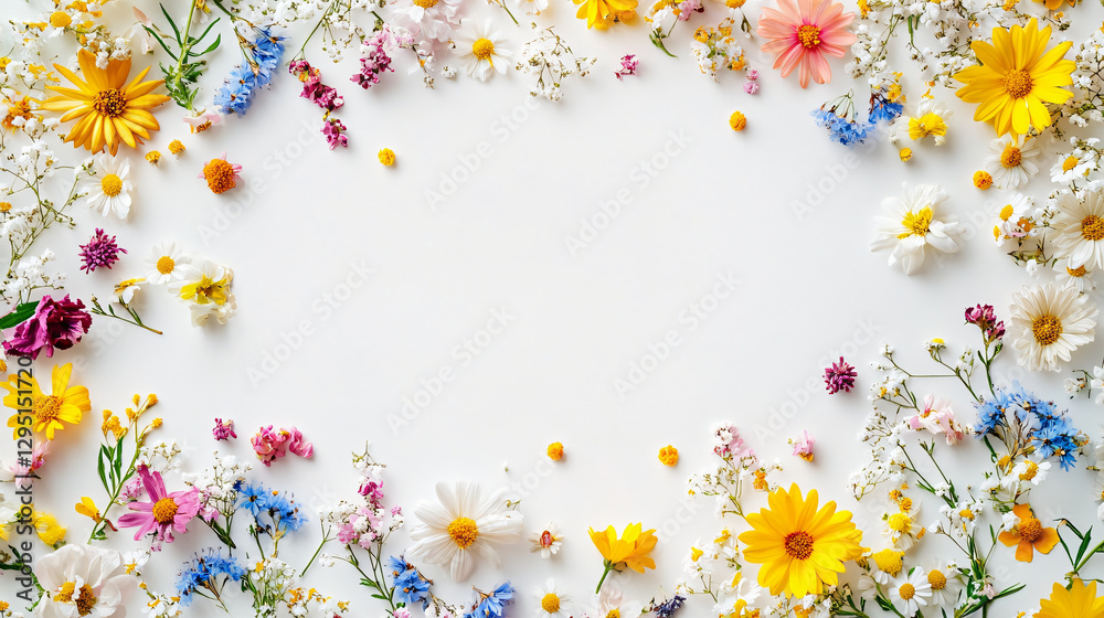 Poster Charming circular arrangement of beautiful flowers on a soft white background creating a joyful and inviting scene