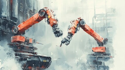 Obraz premium Robotic arms assembling tank parts in industrial setting watercolor style futuristic vision
