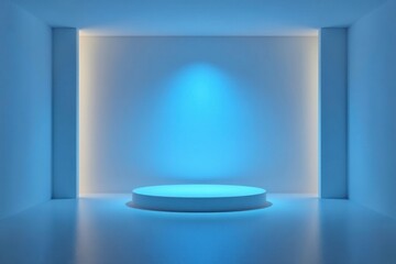 Serene Blue Minimalist Display Platform in an Empty Room with Subtle Lighting
