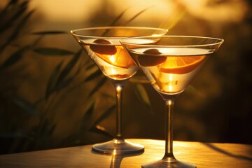 Two martini glasses with golden liquid in warm ambient light. Elegant cocktail presentation for luxury bar or restaurant. Evening drink concept with palm leaf shadows.
