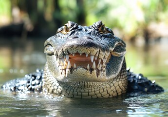 Obraz premium Close-Up Portrait of a Large Alligator in Shallow Water Revealing Sharp Teeth and Intricate Scale Patterns, Captured in Natural Habitat