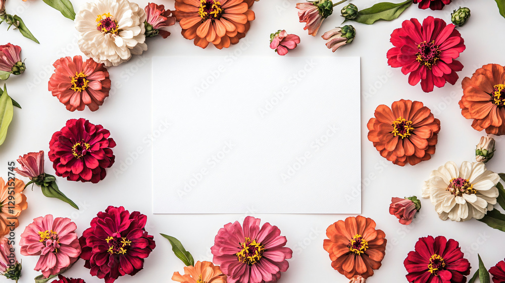Poster A blank white paper framed by a beautiful array of colorful flowers creating a bright and joyful floral display