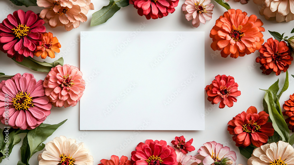 Poster a simple white paper surrounded by a rich arrangement of colorful flowers creating an inviting and l