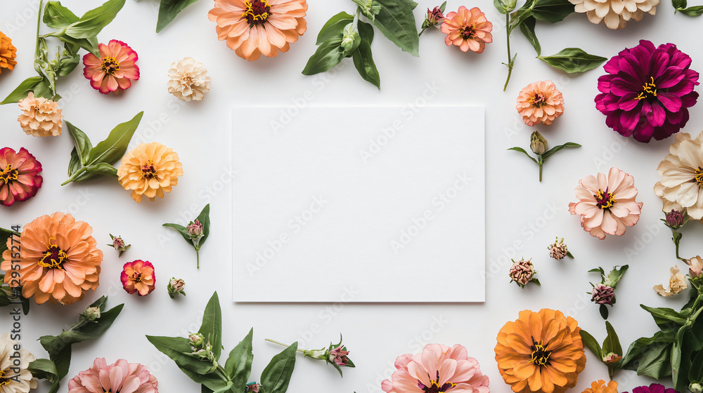 Poster a pristine white piece of paper surrounded by a vibrant display of beautiful flowers creating a sere