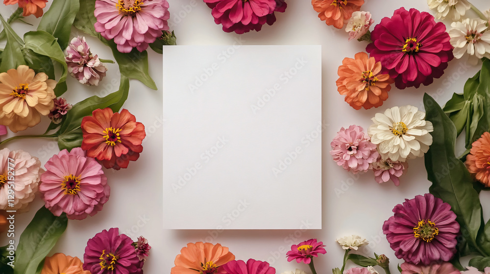 Poster a simple white paper tastefully framed by a bright arrangement of colorful flowers creating a whimsi