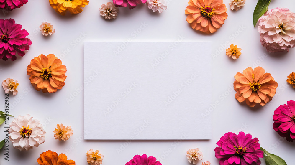 Poster charming white square paper surrounded by a collection of bright flowers creating a delightful flora