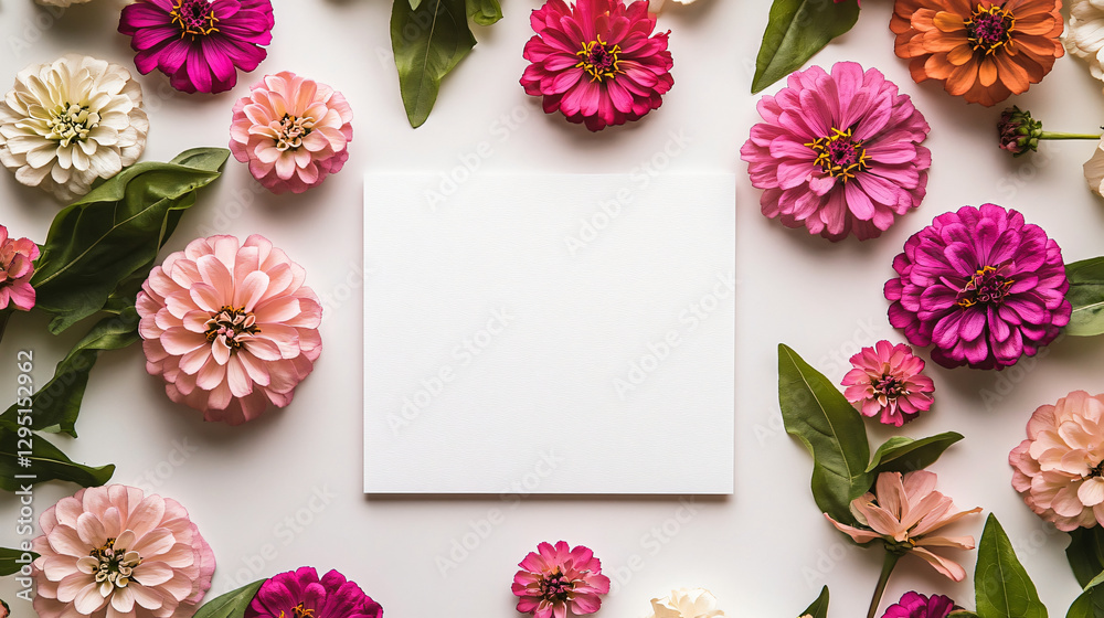 Poster beautiful white paper surrounded by a variety of flowers creating a joyful and colorful natural scen
