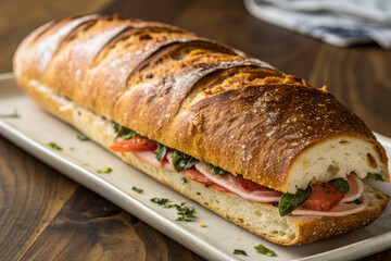 Freshly baked sandwich with ham, tomatoes, and herbs on crusty bread