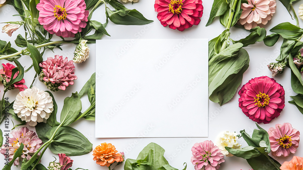Poster elegant white paper surrounded by vibrant colorful flowers creating a serene and beautiful natural c