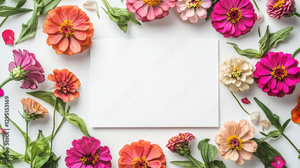 Poster white paper beautifully surrounded by a vibrant floral arrangement creating a cheerful and inviting 