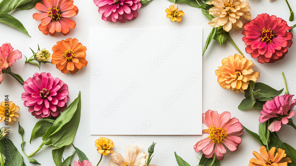 Poster white paper surrounded by a beautiful floral arrangement creating a colorful and attractive natural 