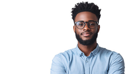 Obraz premium Confident african american man with eyeglasses in blue shirt on transparent background for business profiles, diversity projects, and advertising campaigns.