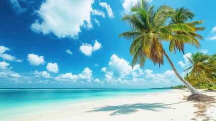 A serene beach scene featuring a single palm tree amidst pristine white sand, perfect for relaxation and enjoying nature's beauty.