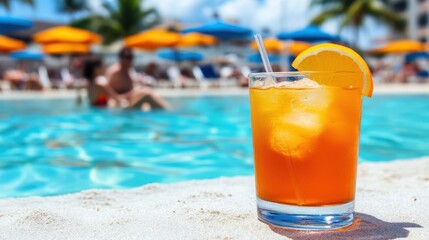 A glass of refreshing orange juice rests on sandy beachside, adjacent to a sparkling pool, inviting relaxation and enjoyment under the sun.