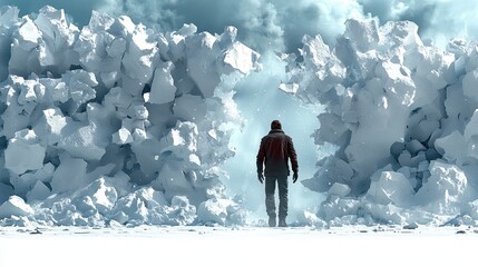 Man Facing a Crumbling Ice Wall Conquering Obstacles and Breaking Barriers