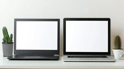 Two laptops on a white desk with cacti