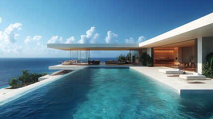 Oceanfront villa, infinity pool, luxury design, coastal living, sunny day,  real estate brochure