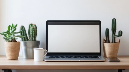 Home office desk with laptop, succulents, and coffee