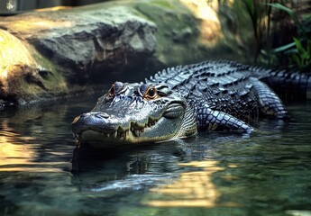 Fototapeta premium Close-up View of a Crocodile in Calm Water Surrounded by Natural Vegetation and Rocky Elements in a Serene Environment