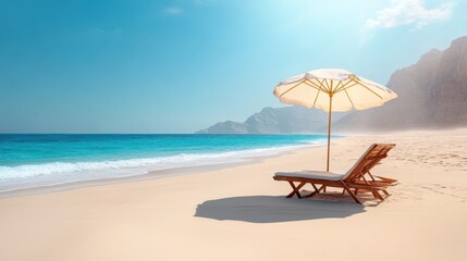 Fototapeta premium A serene beach scene featuring a single chair beneath a colorful umbrella, inviting relaxation by the water's edge.