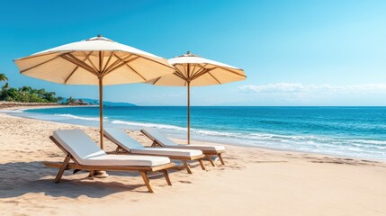 Two lounge chairs rest under umbrellas on a sandy beach, inviting relaxation and enjoyment in a serene coastal setting.