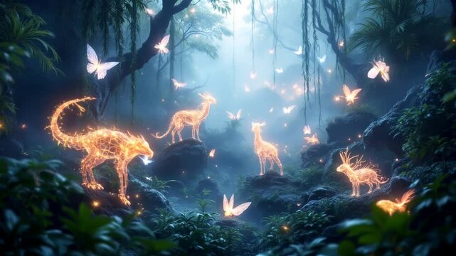 luminous fauna in the fantasy fog a mystical jungle realm generative ai