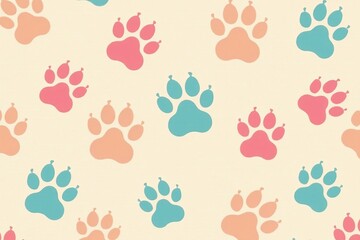Colorful paw print silhouette pattern in pastel tones on neutral background, playful, footprints, pet