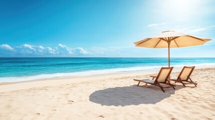 Two beach chairs and a colorful umbrella are set up on the sandy shore, creating a cozy spot for relaxation by the water.