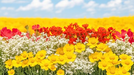 Fototapeta premium A vibrant field filled with colorful flowers, showcasing brilliant hues of yellow, red, and white, creating a stunning natural landscape.
