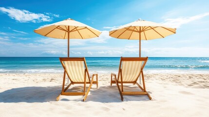 Two chairs and umbrellas are positioned on a sandy beach, offering a relaxing view of the ocean waves in the background.