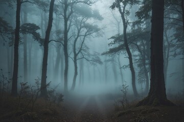 Fototapeta premium Enchanted Fog Blankets Tranquil Forest for a Calming Ambient Experience
