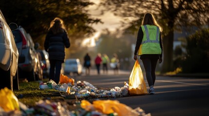 Naklejka premium Volunteers picking up garbage trash in public spaces during Spring season.