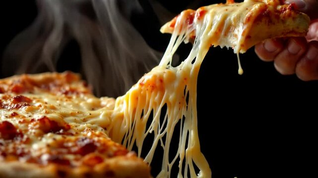 Video featuring a close-up of a mouthwatering pizza with melted mozzarella cheese being pulled apart by a single human hand Generative Ai