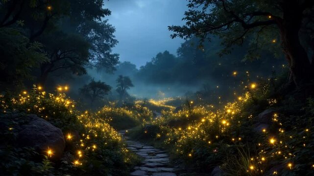 A spellbinding midnight stroll through a secret fairytale garden illuminated by glowing fireflies generative ai