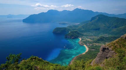 A scenic view showcasing a tranquil bay framed by majestic mountains, captured from an elevated hilltop perspective.