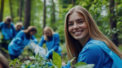 Fototapeta premium Volunteers picking up garbage trash in public spaces during Spring season.