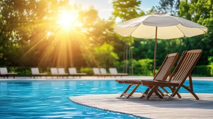 A wooden deck chair and a vibrant umbrella are positioned beside a serene pool, creating a relaxing outdoor atmosphere for leisure and enjoyment.